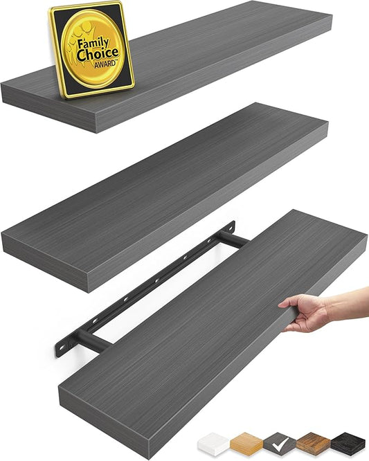 BAYKA Grey Floating Shelves for Wall 22.5 inch, Wall Mounted Shelf for Bedroom, Living Room, Kitchen – Wood with Hidden Metal Brackets, 22LBS Capacity, 6.7” Deep – Storage for Books, Plants, Decor