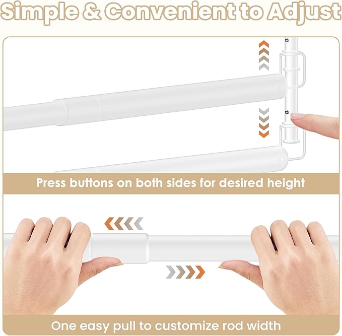 2 Pack Stepless Extender Closet Hanging Rod - Heavy Duty Closet Rods for Hanging Clothes, Adjustable Width & Height, Space-Saving White Closet Organizer for Hanging & Drying, Easy to Install