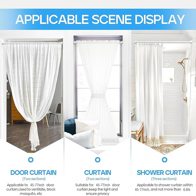 2 Pack Spring Tension Rods 45-77IN, 7/8 Inch Diameter White No Drill Spring Loaded Adjustable Extendable, Small Short Tension Curtain Rod for Windows Kitchen Doorway Closet Cupboard