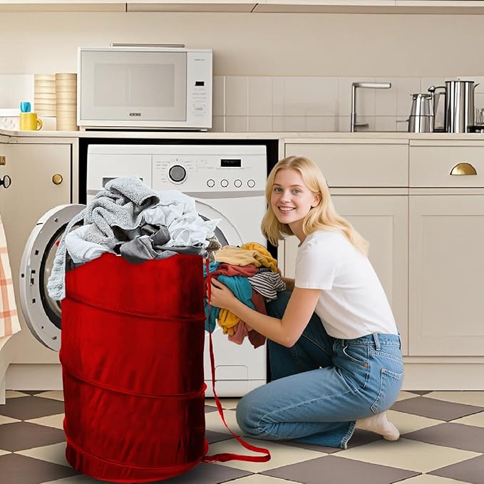 BATTOO Collapsible Laundry Baskets- Foldable Hamper for Laundry Extra Large Pop Up Laundry Hamper 107L with Long Straps Drawstring Clothes Hamper for Bathroom, Campout, Dorm or Travel Red