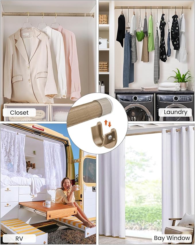 Supforce Closet Rods for Hanging Clothes, 17 to 39 Inches Stepless Adjustable Metal Closet Rod, 1.3 Inches Heavy Duty Clothes Hanging Rod for Closet Wardrobes Laundry RV(Wood Grain)