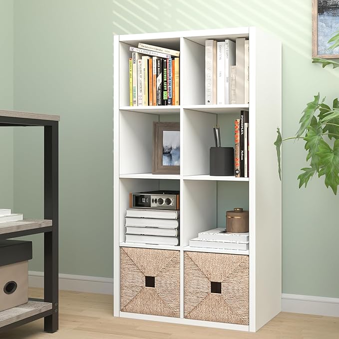 CTESNE【2026 Wooden Thick Frame 8 Cube Storage Organizer Shelf with Anti-Tipping Kits + Reversible Open Back Bookcase, Horizontal and Vertical Dual-use（White,11inch）