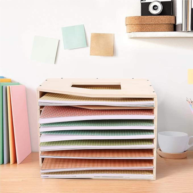 Caydo 12x12 Paper Storage Organizer, Slope Design Scrapbooking Storage Shelf For Holding 12 x 12 Inch Scrapbooking, 8 Slot Stable Scrapbook Paper Rack For Portfolio, Heat Transfer