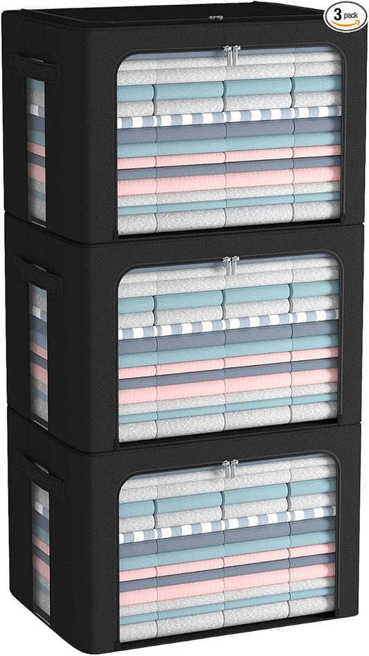 CYhom 3Pack Frame Storage Box - Clothes Storage Bin Bags Oxford Fabric Foldable Stackable Container Organizer Set with Clear Window & Carry Handles (Black, Large-66L)