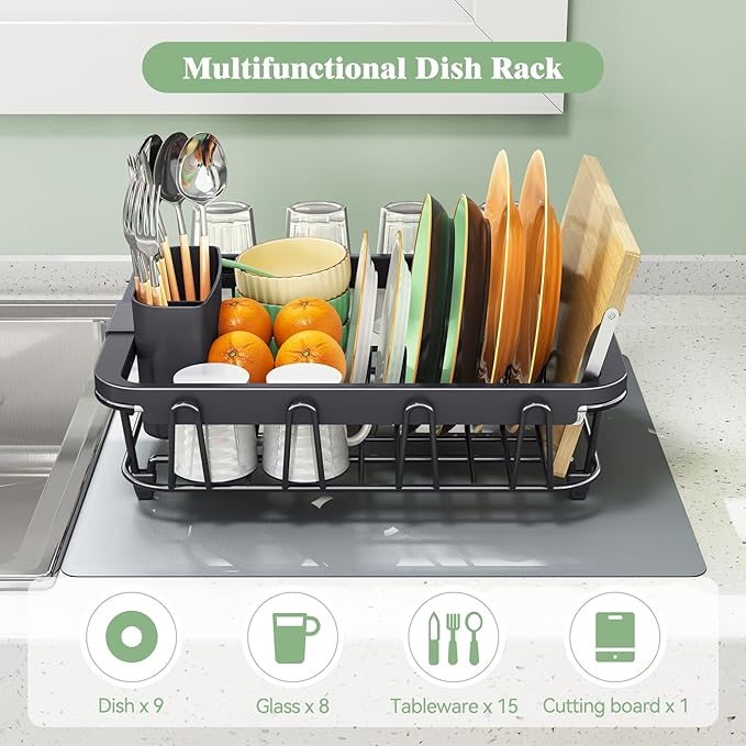 Urackify Expandable Dish Drying Rack Over The Sink, Adjustable Dish Rack in Sink, Rustproof Dish Drainer for Kitchen Counter, Dish Strainer with Utensil Holder, Black
