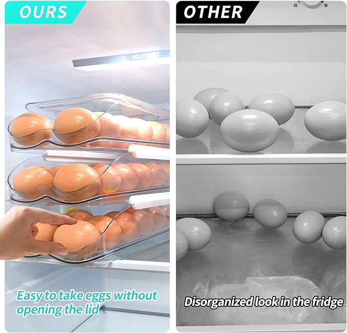 RoskDeewat Egg Holder for Fridge, Automatic Rolling Egg Container for Refrigerator, Stackable Fridge Organizers and Storage with Lid, Clear Plastic Egg Dispenser & Tray (2 Tier)