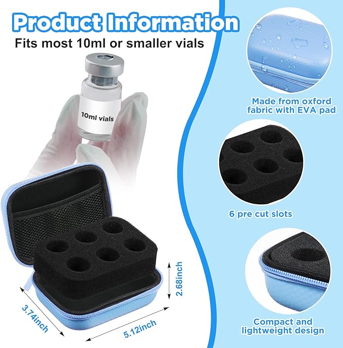 Teenyyou 6 Slots Insulin Peptide Fridge Carrying Case Vial Holder Storage Protector Bag, Fits Standard 10ml Vials, Insulin Cooler Travel Kits Case Organizer Diabetes Protector(Light Blue)