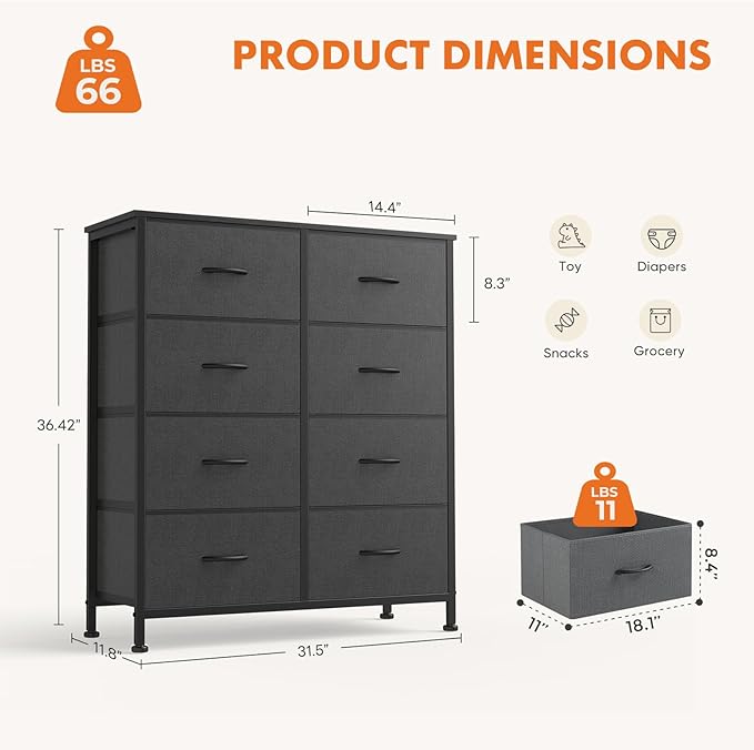 Sweetcrispy Dresser for Bedroom, Fabric Dresser with 8 Drawers, Chest of Drawers for Closet, Living Room, Sturdy Steel Frame, Wooden Top, Easy Pull Handle, Ash