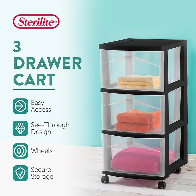 Sterilite 2 Pack 3 Drawer Storage Cart, Plastic Medium Organizer with Wheels, Black - Multipurpose Bin for Crafts, Accessories, or Office Supplies