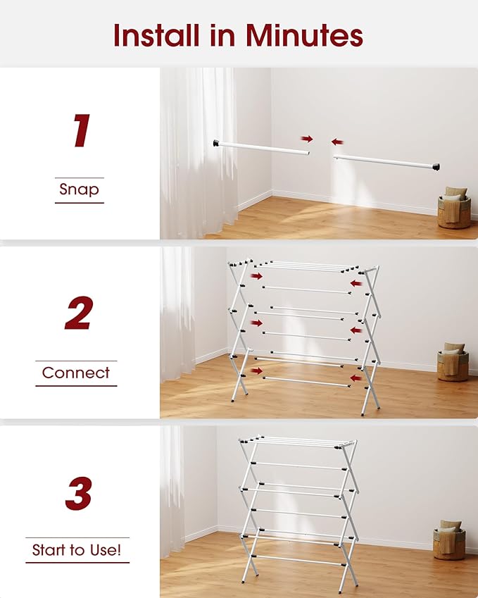 Sakugi Foldable Clothes Drying Rack – Metal Laundry Drying Rack with Non-Slip Feet, 3-Tier Space-Saving Clothing Rack for Organization, Indoor & Outdoor Use, 11.4"D x 29.1"W x 37.4"H, White and Black