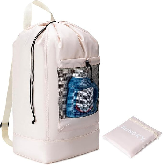 Backpack Laundry Bag,Large Travel Laundry Bags with Shoulder Straps and Mesh Pockets,Laundry Backpack with Drawstring Closure for College,Trave,Dorm, Apartment,Laundromat (Khaki)