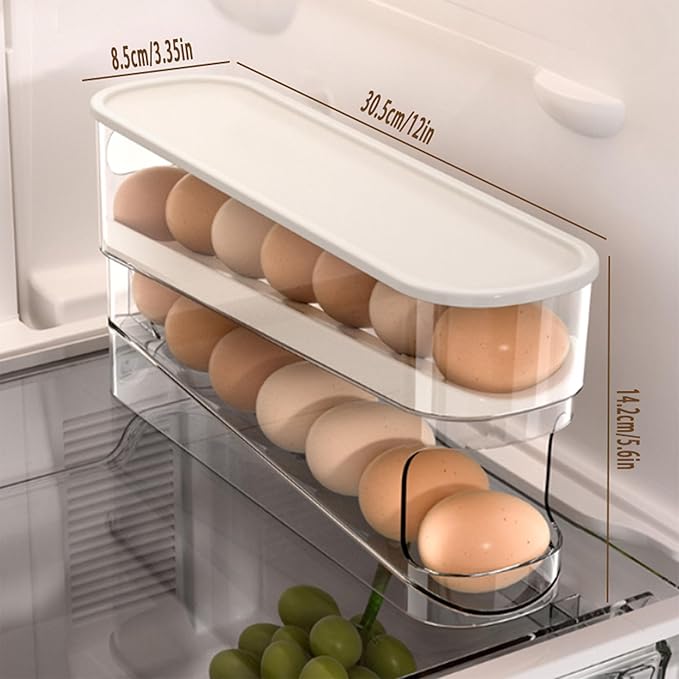 WACOI Auto Rolling Fridge Egg Organizer, Space Saving Eggs Dispenser for Refrigerator Storager with Lid,Egg Holder for Fridge 2 Pack