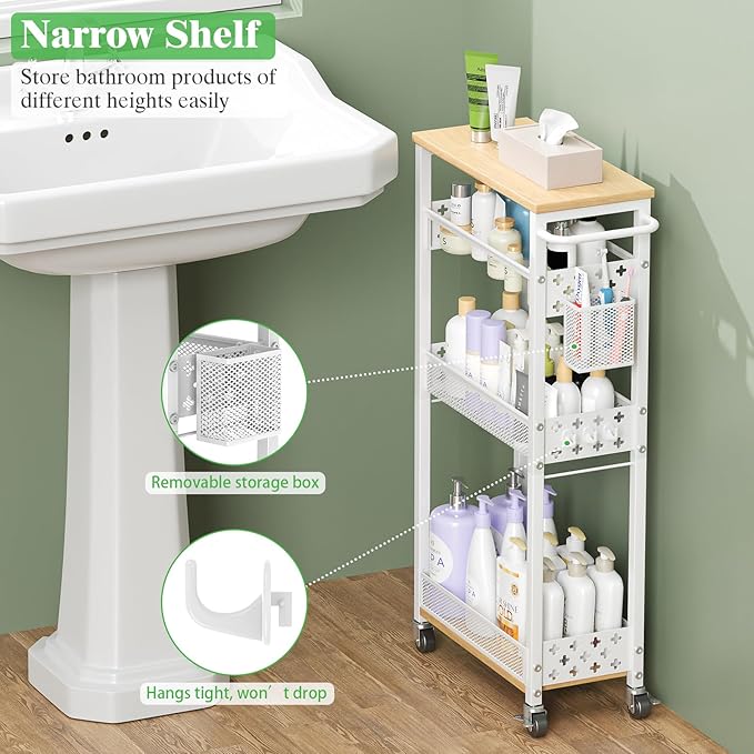 Utility Slim Rolling Storage Cart with Wheels, 4 Tier Narrow Metal Kitchen Cart Bathroom Laundry Room Organization Trolley with Wood Rack and Removable Mesh Basket for Small Space, 7.1IN White