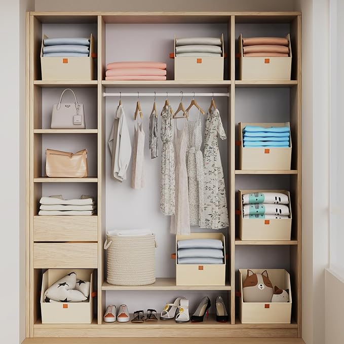 Homsorout Fabric Closet Storage Cubes - 4 Pack Square Storage Bins with Dual Handles for Clothes, Towels, Toys, Cube Storage Organizers for Bedroom, Nursery, Shelves, Closet, Small Spaces, Beige