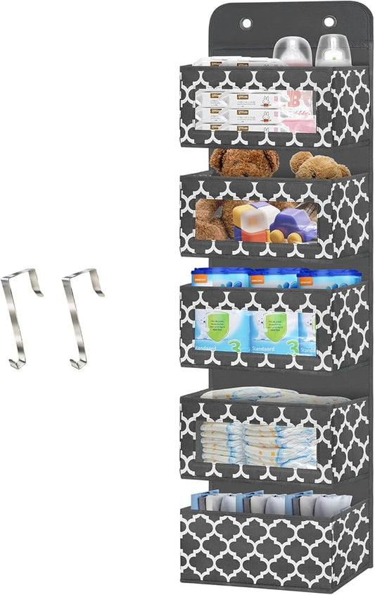 Over The Door Hanging Organizer with 5 Large Pockets - Wall Mount Pantry Storage with Clear PVC Window & 2 Big Metal Hooks for Closet,Bathroom,Nursery,Bedroom,Dorm,Baby Diapers,Kids Toys (Dark Gray)