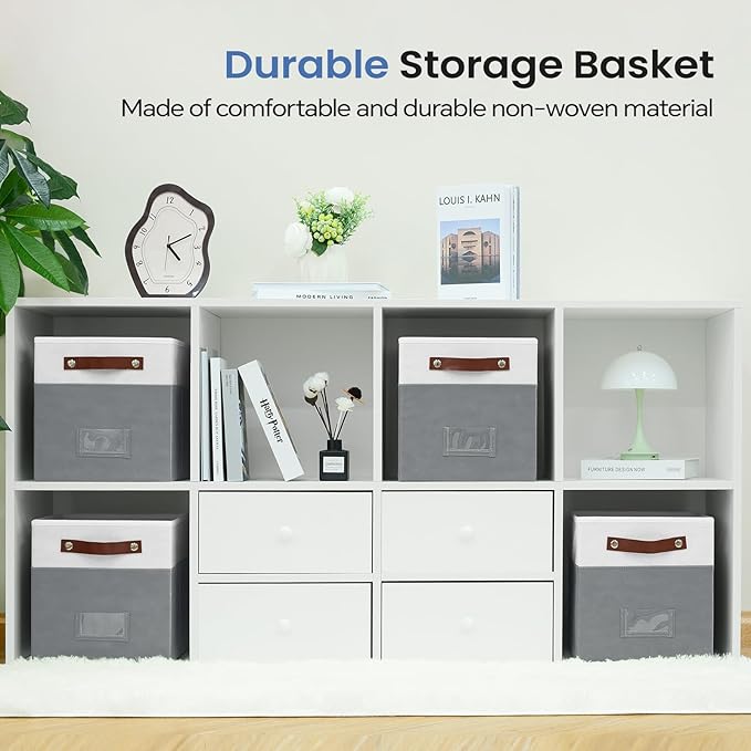 FinishingBo 6-Pack Storage Cubes with Handles & Label Holders Basket, Closet Cube Home Organizer Bins(White/Dark Grey, 10.5*10.5*11 inch)