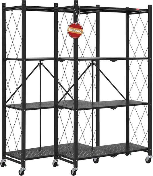 DEANIC 4 Tier Foldable Storage Shelves with Wheels, Large Capacity Shelving Unit, Freestanding Metal Wire Shelf Rack, No Assembly Organizer Rack for Garage Kitchen, Basement, Pantry(Black Pack of 2)
