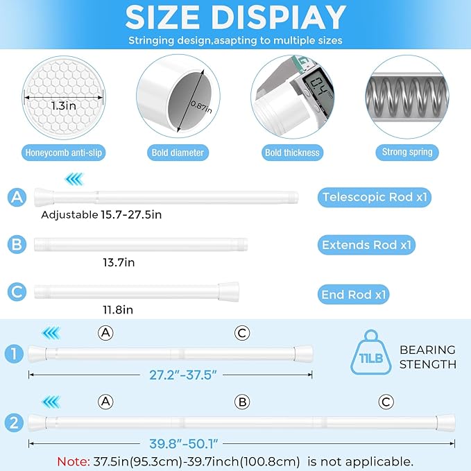 Tension Curtain Rod White Tension Rod 28 To 48 Inch Spring Curtain Rod Non Slip Tension Rods 4PCS For Windows No Drilling Adjustable Tension Rods of Curtain Window Closet Kitchen Wardrobe