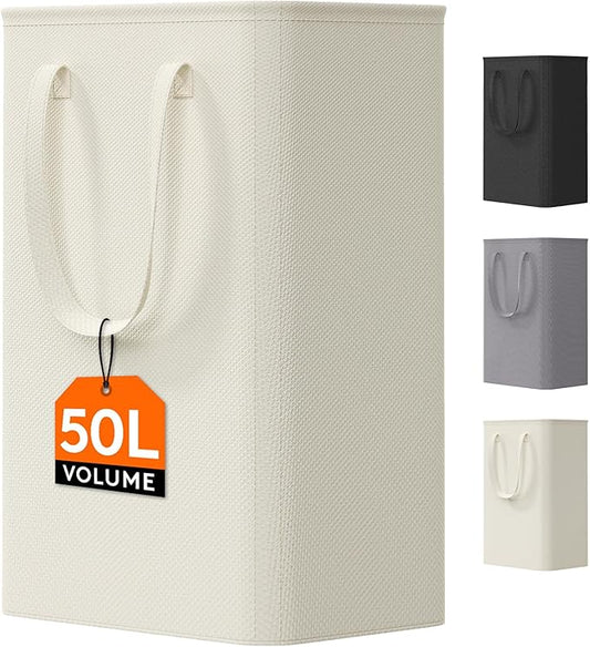 Lifewit 50L Slim Laundry Hamper, Narrow Small Laundry Basket with Handle for Dirty Clothes, Collapsible Tall Thin Laundry Bin for Bathroom Bedroom Dorm College, White