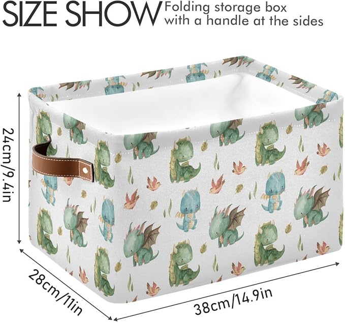 xigua Cute Dragon Storage Basket Collapsible Storage Bins Waterproof Canvas Storage Basket with Leather Handles for Home Closets Offices,Bedrooms,Gift Baskets,1PCS