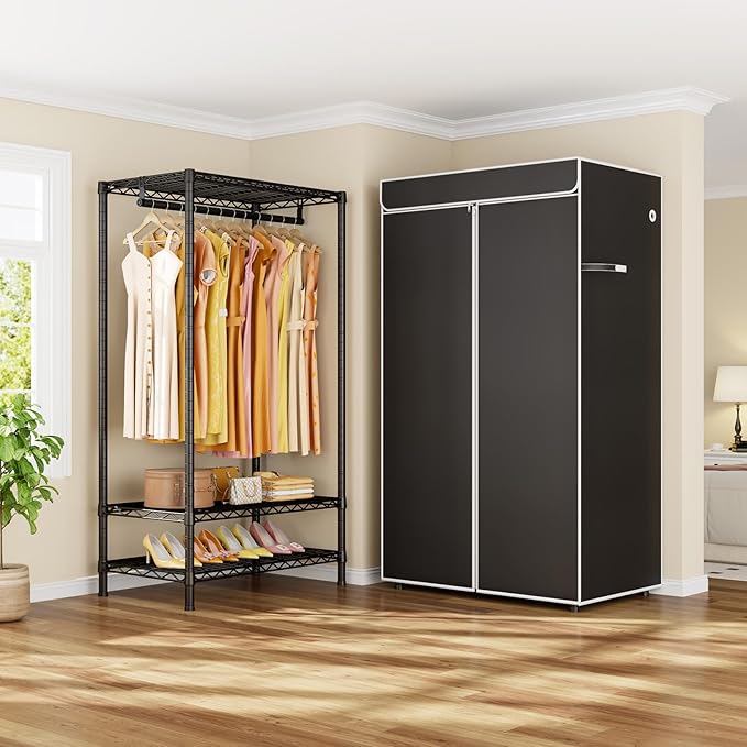 ULIFHOME H5C Clothes Rack with Cover, Portable Closet for Hanging Clothes, Covered Clothing Racks Heavy Duty, Freestanding Garment Racks with Shelves Max Load 360LBS Black Closet Rack with Black Cover