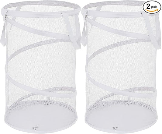 BATTOO 2 Pack White Large Collapsible Laundry Basket Foldable Mesh Pop Up Hamper with Handles for Laundry Room, Bathroom, Kids Room, College Dorm, Travel, Camping, Gift Basket