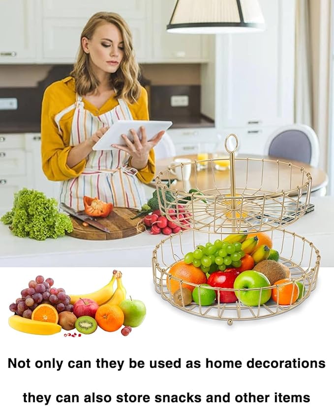 Fruit Bowl,11.93in Iron Round Golden 2 Tier Fruit Basket Nordic Household Snack Storage Tray for Kitchen Parties for Fruits Vegetables