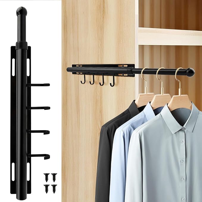 12 Inch Valet Rod for Closet Pull Out, Retractable Slide Out Clothes Hanger with 4 Hooks, Closet Rods for Hanging Clothes Laundry Room, Bedroom, Bathroom(COLOR:Black)