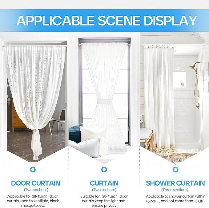 2 Pack Spring Tension Rods 28-45 Inches, 5/8 Inch Diameter White No Drill Spring Loaded Adjustable Extendable, Small Short Tension Curtain Rod for Windows Kitchen Doorway Closet Cupboard