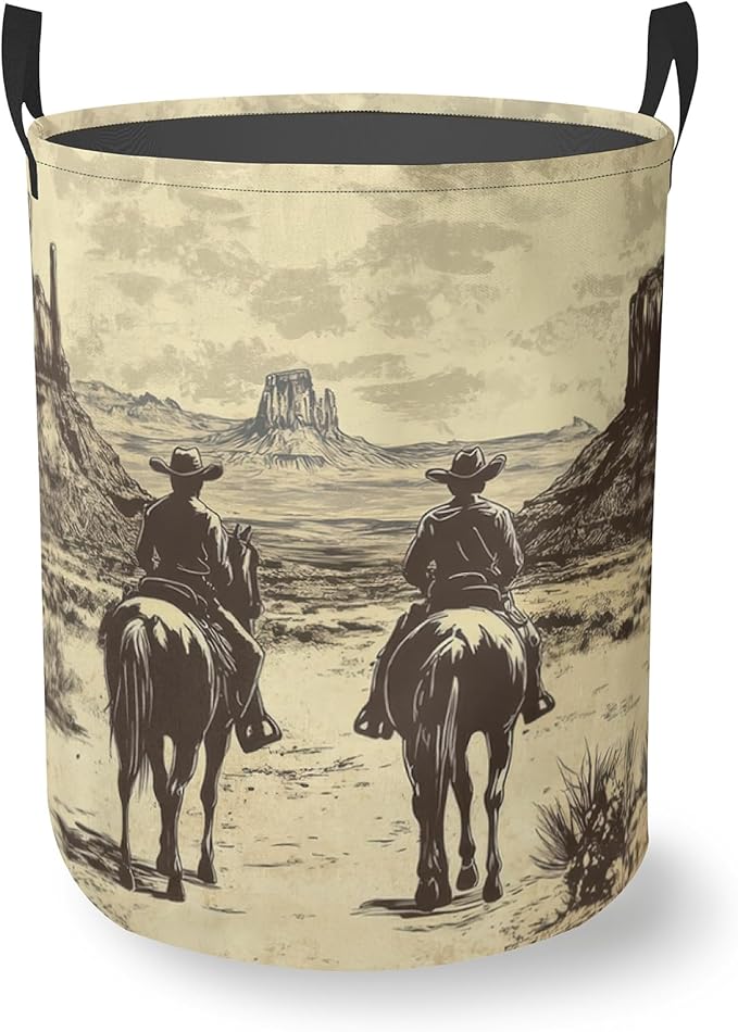 Vintage West Cowboy Round Laundry Basket Collapsible Laundry Hamper with Handles Toys Clothes Organizer Bin For Home Bathroom Bedroom Dorm Nursery