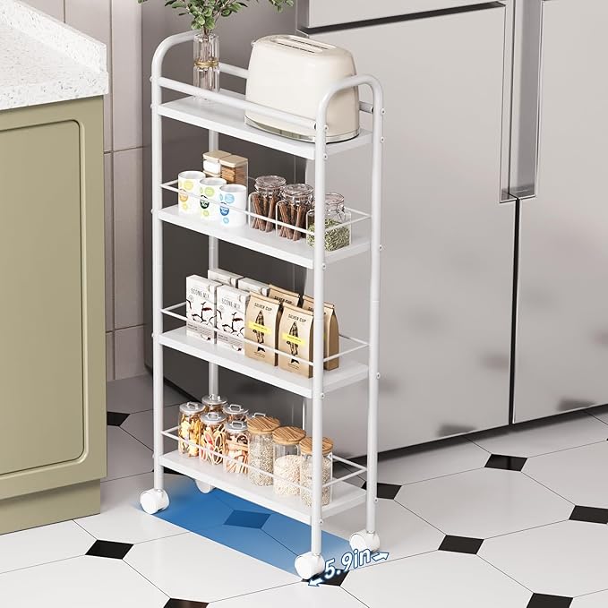 Asgolion Slim Storage Cart, 4-Tier Small Rolling Cart with Wheels, 5.9" Deep, Narrow Bathroom Shelf Trolley for Kitchen, Bathroom, Laundry Room, White Standard 4-Tier (5.9" W x 33.6" H)