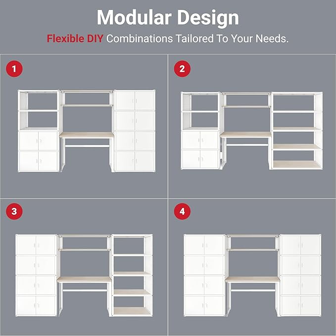 FLEXIMOUNTS Garage Storage Cabinet System, 3-in-1 Modular Metal Tool Cabinet w/Workbench and Metal Board Shelf Includes Pegboard, 24-Gauge Steel, 117"(L) w/ 6 Doors, White, FLEXIMOD Series