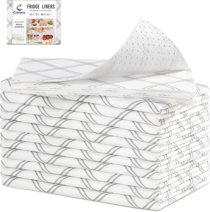 Cooyes 12pcs 12" x 24" Refrigerator Liners, Premium Absorbent Fridge Bin Liners Non-Slip Washable, Refrigerator Drawer Liners and Mats for Glass Shelves, Kitchen Cabinets, Non-Adhesive