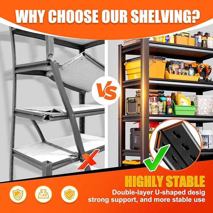 Set of 2 Garage Shelving Heavy Duty Storage Shelves, Metal Adjustable Shelving Unit, Utility Garage Organizer Shelf for Basement, Pantry, Kitchen, Warehouse,11.8" Dx27.5 Wx71.2 H Black