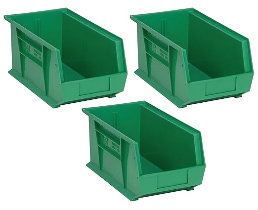 QUANTUM STORAGE SYSTEMS K-QUS240GN-3 3-Pack Stack and Hang Plastic Bin Storage Containers, 14" x 8" x 7", Green