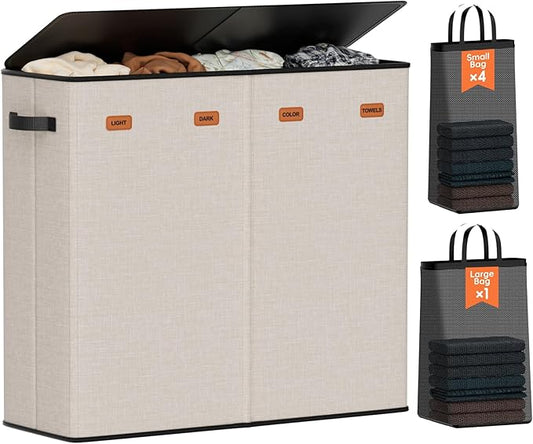 Laundry Hamper 4-Section with Lid, 185L Laundry Sorter with 4 Removable Bags + 1 Extra Large Bag, Switchable 3/4 Compartment, Laundry Basket Organizer for Bedroom, Laundry Room，Beige