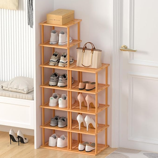 MHXW SXPN Bamboo Free Standing Shoe Rack Shelf Multi Tier Tall Wooden Stackable Shoes Rack Organizer for Closet Front Door Entrance Narrow Vertical Shoe Storage (Nature, 12 Tiers)
