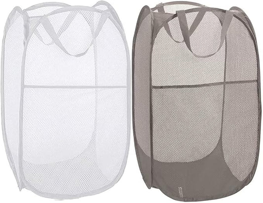 BATTOO Deluxe Strong Mesh Pop up Laundry Hamper Basket with Side Pocket Foldable Hamper for Laundry Room, Bathroom, Kids Room, College Dorm or Travel Grey + White
