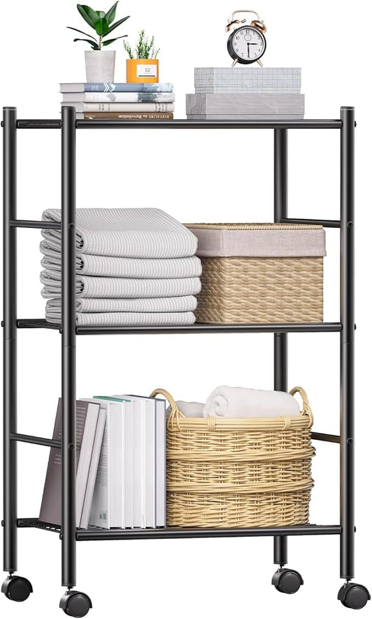 BolDuck 3 Tier Shelf Organizer Rack, Metal Shelving Unit with Wheels/Leveling Feet, Space-Saving Storage Shelves for Closet Laundry Bathroom Kitchen Pantry, 18.11" Wx12.6 Dx31.5 H