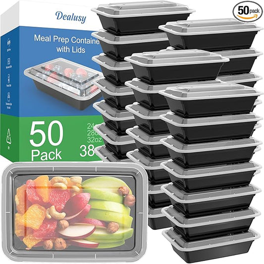 Dealusy 50 Pack (100-Piece) 38 oz Meal Prep Containers Reusable with Lids, Sturdy Leakproof & Food Safe, Microwave, Freezer, Dishwasher Safe Prep Containers, To Go Take Out Plastic Food Storage