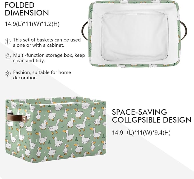 xigua Cartoon Goose Storage Basket Collapsible Storage Bins Waterproof Canvas Storage Basket with Leather Handles for Home Closets Offices,Bedrooms,Gift Baskets,2PCS