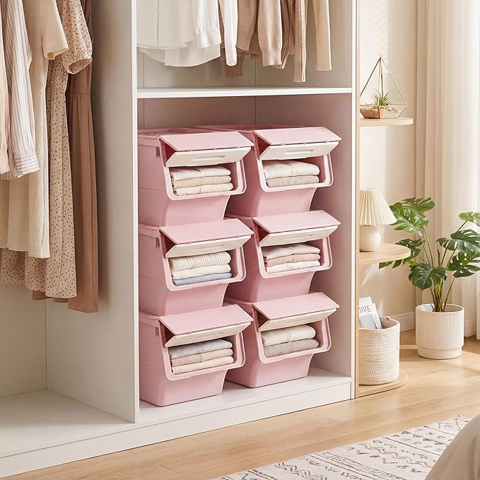 Giantex Plastic Stackable Storage Bins with Lids & Wheels, 6 Pack Open Front Stacking Bins, Organizer Bins for Pantry, Kitchen, Laundry, Closet, Playroom, Bedroom Organization （12.5 QT）