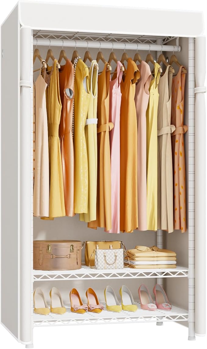 ULIFHOME H5C Clothes Rack with Cover, Portable Closet for Hanging Clothes, Covered Clothing Racks Heavy Duty, Freestanding Garment Racks with Shelves Max Load 360LBS White Closet Rack with White Cover