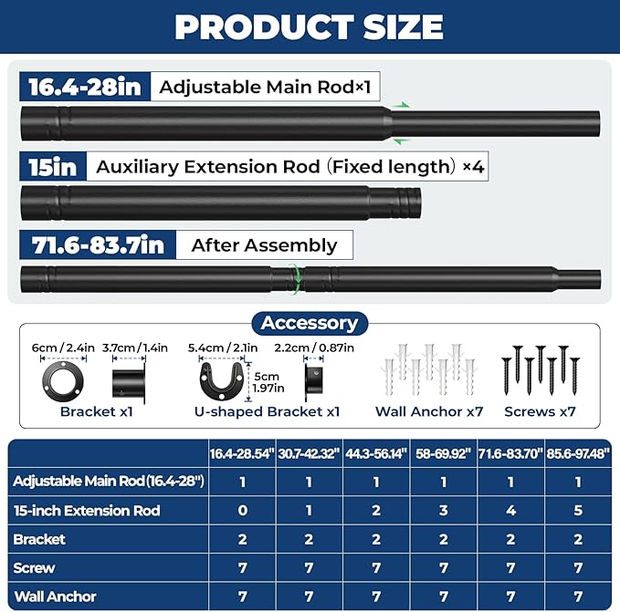 Mavivegue Closet Rod, 17 to 84 Inch Adjustable Closet Rods for Hanging Clothes, Heavy Duty Tension Rod, Black Curtain Rod, for Closet, Wardrobes, Bathroom, Laundry