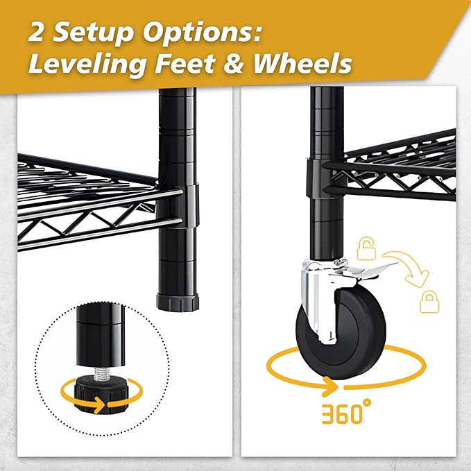 5 Tier Storage Racks Shelving, Heavy Steel Pantry Shelves, Adjustable Wire Shelving Rack with Wheels, Suitable for Garage, Kitchen, Bathroom, Office, 55" W x 24" D x 76" H, Black