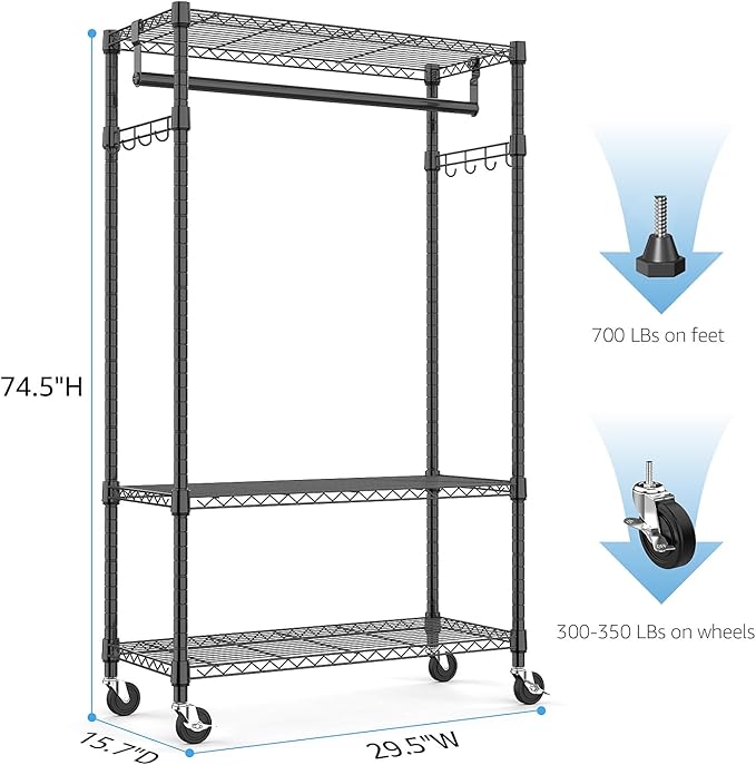 M MZG Heavy Duty Rolling Garment Rack 3 Tiers Adjustable Wire Shelving Clothes Rack with Rods and Side Hooks,Storage Closet Clothing Rack with Wheels Black 15.7" D x 29.5" W x 74.5" H