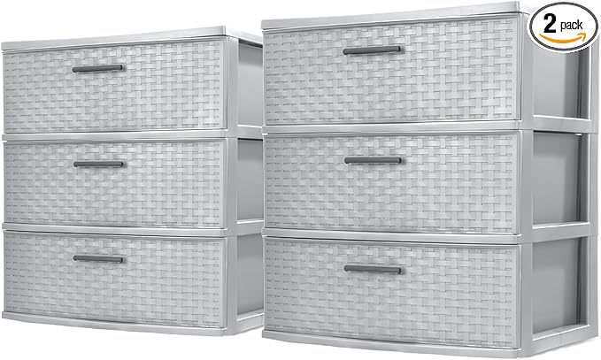 Sterilite 2 Pack 3 Drawer Wide Storage Tower, Plastic Weave Organizer, Cement - Lightweight Opaque Container for Bedrooms, Closets, or Bathrooms