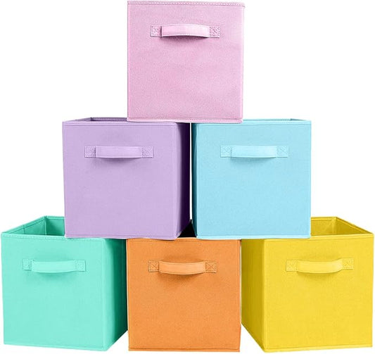 PowerKing Collapsible Storage Cubes with Handles, Fabric Foldable Bins for Closet Shelves, Durable Organization Storage Bins, 10.5'' x 11'' x 10.5'' (6 Colors Mix, 6Pack)