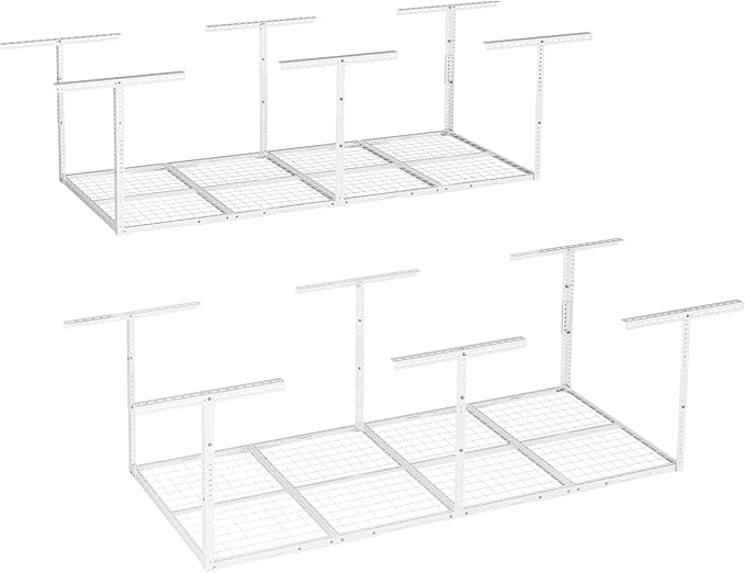 FLEXIMOUNTS 3x8 Overhead Garage Storage Rack, Adjustable Storage Organization System, Heavy Duty Metal Garage Ceiling Storage Racks, 2 pack, White, Classic Series