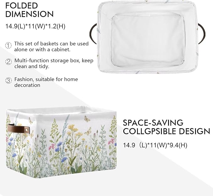 xigua Vintage Colorful Herbs Wild Flowers Floral Storage Basket Collapsible Toy Storage Bins Waterproof Canvas Storage Basket with Leather Handles for Home Closets Offices,Bedrooms,Kids Toy and Gift